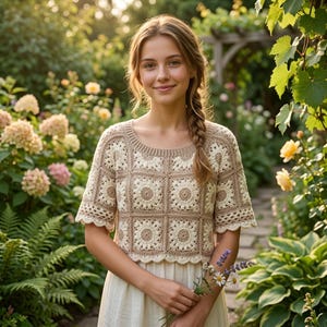Könnte beinhalten: Beige Häkeltop mit floralem Muster, kurzen Ärmeln und einem gewellten Saum. Das Oberteil wird über einem cremefarbenen Kleid getragen. Der Hintergrund zeigt einen Garten mit Blumen und Grün.