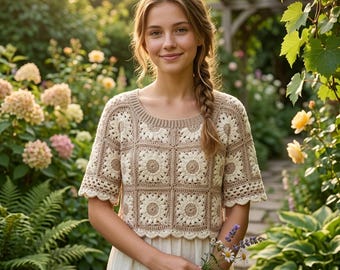 Daisy Granny Square Sweater Crochet Pattern, Floral Cottagecore Cardigan PDF, crochet patchwork sweater, handmade crochet jumper