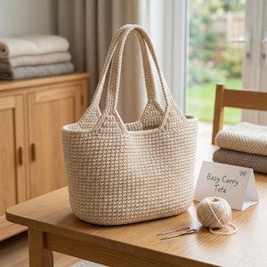 Pode incluir: Uma sacola tote bege de crochê com duas alças, em uma mesa de madeira. Há também um novelo de lã, agulhas e um cartão com a inscrição "Easy Carry Tote".