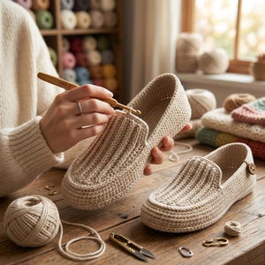 May include: A pair of beige crochet loafers, one being worked on with a crochet hook. The shoes have a ribbed design on the top and a button detail on the side. Yarn, scissors, and other crafting supplies are on the wooden surface.
