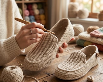 DIY Crochet Loafers Pattern, Crochet Shoes Pattern with Ribbed Top, Crochet Loafers Adult Pattern, Crochet Indoor Shoes Pattern
