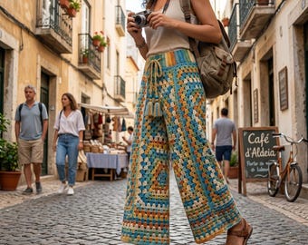 Crochet Boho Pants Pattern PDF, Crochet Wide Leg Trousers Granny Stitch Pattern, Crochet Flare Pants Pattern Full Length, DIY Summer Project