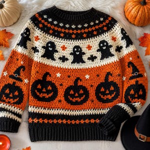 May include: A long-sleeve crochet sweater featuring a black, white, and orange color scheme. The design includes repeating patterns of black ghosts, bats, and jack-o'-lanterns wearing witch hats, accented with small white stars and orange crosses.