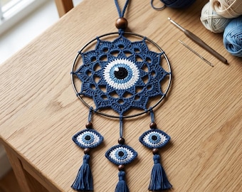 Evil Eye Crochet Wall Hanging Pattern, Nazar Dreamcatcher PDF, Crochet Hoop Art Decor, Spiritual Home Decor Crochet, Protective Eye Crochet