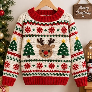 Pode incluir: Uma camisola de croché de manga comprida com base creme e faixas horizontais vermelhas e verdes. O design inclui flocos de neve vermelhos, árvores de Natal verdes com estrelas amarelas e uma cabeça de rena castanha com nariz vermelho.