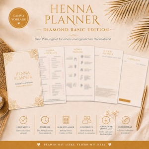 Könnte beinhalten: Ein digitales Henna-Planer-Vorlagenset in Beigetönen mit goldener Schrift und dekorativen Rändern. Das Set enthält eine Checkliste, einen Zeitplan, einen Budgetplaner und eine Gästeliste mit zugehörigen Symbolen und einem goldenen Stift.