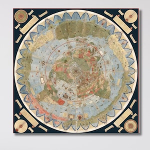May include: A framed, vintage map print. The circular map has a detailed, multi-coloured design with a dark blue border and decorative elements. The artwork is displayed above a white sofa.