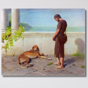 Puede incluir: Una impresión de arte mural rectangular que representa una escena clásica con una persona con túnica marrón de pie en una terraza de piedra junto a un perro marrón tumbado. El fondo muestra columnas blancas, enredaderas y el mar azul.