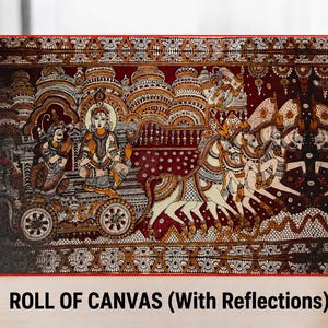 May include: A rectangular canvas print featuring a detailed dark red and cream-colored illustration of a chariot pulled by four horses, with figures seated inside. The artwork includes intricate geometric borders and ornate architectural motifs.