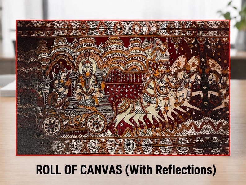 May include: A rectangular canvas print featuring a detailed dark red and cream-colored illustration of a chariot pulled by four horses, with figures seated inside. The artwork includes intricate geometric borders and ornate architectural motifs.