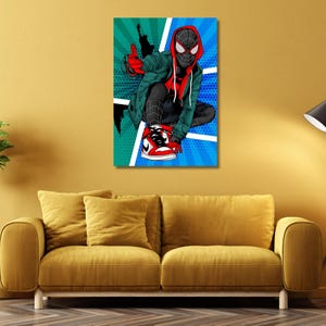 May include: A rectangular wall art print featuring a stylized illustration of a masked character in a red and black suit, wearing a green hooded jacket and red and white sneakers. The background displays a vibrant teal and blue comic book pattern.