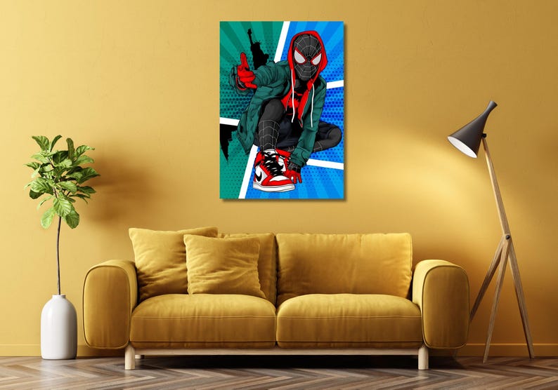 May include: A rectangular wall art print featuring a stylized illustration of a masked character in a red and black suit, wearing a green hooded jacket and red and white sneakers. The background displays a vibrant teal and blue comic book pattern.