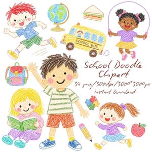Kids School Clipart | Childlike Crayon Classroom Objects PNG | Doodle Clip Art | Digital Download