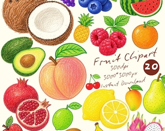 Clipartbundel met fruit en kleurpotloden | 20 PNG-bestanden | Leerzame kaart voor kinderen | Printbaar materiaal voor kleuters | Commercieel gebruik