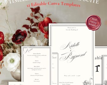 Bearbeitbare Pariser Hochzeitseinladung, Schwarz-Weiß-Vorlagenset, Komplettes Briefpapier-Signage-Bundle, Vollpackung Canva (Instant Download)
