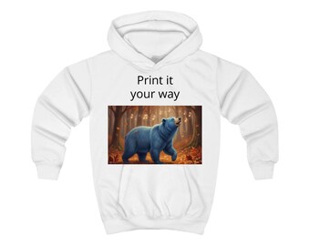 Blue Bear Illustration Kids Hoodie | Forest Woodland Animal, Autumn Scene
