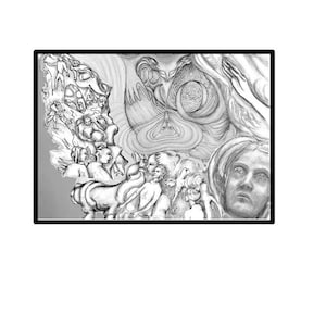 May include: A black and white graphite drawing featuring a complex composition of multiple human figures, a prominent face in the lower right corner, and swirling abstract patterns that fill the rectangular frame with intricate line work.