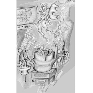 May include: A black and white pencil drawing depicting a central mechanical device with two vertical pipes emitting flames. Above the device, a winged humanoid figure is suspended in mid-air. To the left, a rectangular screen displays abstract shapes.