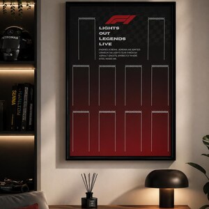 May include: A rectangular black framed wall poster featuring a red and black gradient background with white text that reads LIGHTS OUT LEGENDS LIVE and includes a poem about racing, topped with a red Formula 1 logo and checkered flag motifs.