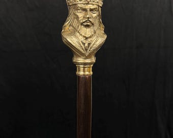 Handgemaakte King Head-wandelstok, messing handvat, houten schacht, verzamelitem voor verzamelaars