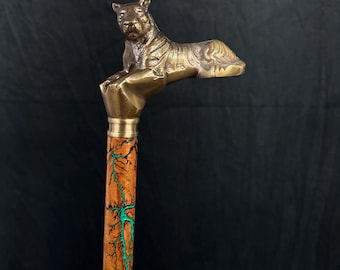Wandelstok met tijgerhandvat, handgemaakte houten wandelstok, messing dierenkopstaf