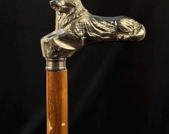 Met de hand gesneden houten wandelstok, massief messing wandelstok met wolvenhandvat, handgemaakte wandelstok verzamelobject
