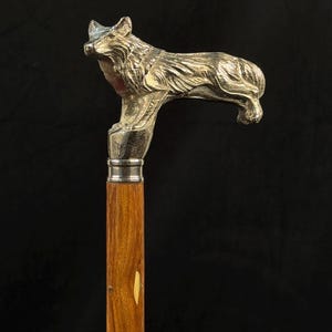 Può includere: Un bastone da passeggio con un'impugnatura in metallo color argento a forma di lupo in piedi. L'impugnatura è fissata a un bastone di legno dritto e cilindrico con una venatura naturale marrone chiaro e nodi visibili lungo il legno.