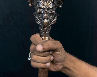 Jester Head wandelstok Messing handvat Houten schacht Handgemaakt riet collectible cadeau