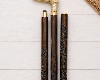 Wandelstok eendenkop, handgemaakte houten staf, afneembare steun, messing handvat herencadeau