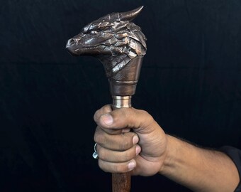 Wandelstok met messing handvat drakenkop – handgemaakte houten stok