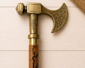 Messing wandelstok met hamerkop, houten schacht, decoratieve mobiliteitsstok