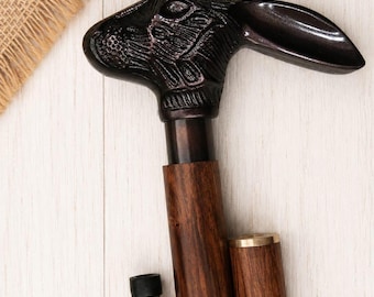 Handgemaakte wandelstok konijnenkop – elegante houten wandelstok