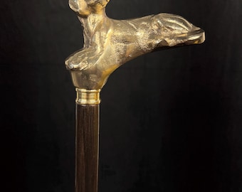 Handgemaakte wandelstok met handvat, massief houten schacht, wandelstok gepolijst messing, herencadeau