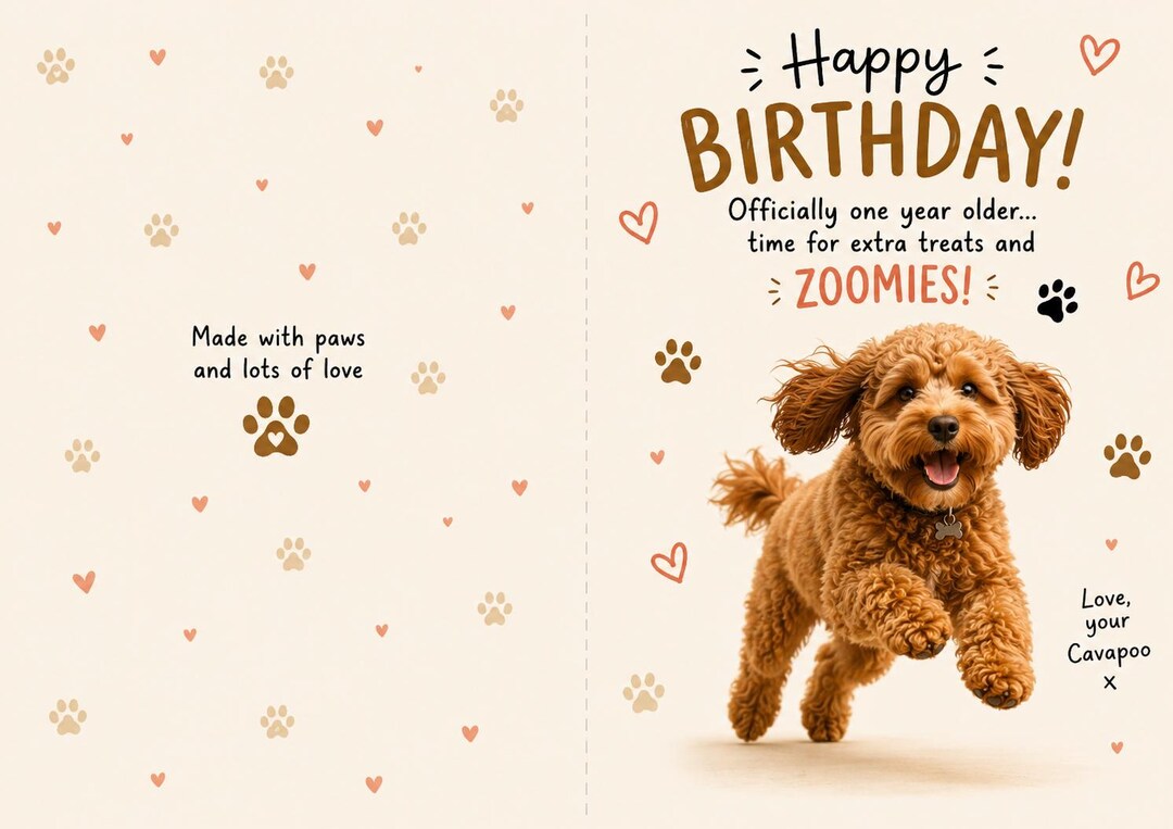 Funny Cavapoo Birthday Card Printable | Officially One Year Older Time ...