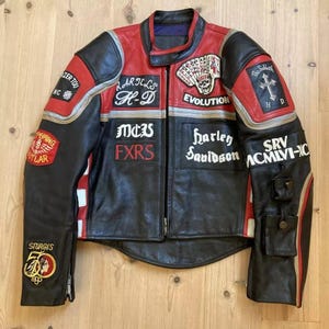 Harley Davidson och Marlboro herrjacka - Rödsvart racingmotorcykel Sturgis Rally äkta läderjacka replika