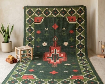 Alfombra Kilim geométrica verde, alfombra marroquí hecha a mano, alfombra bohemia vintage, alfombra tribal de lana, alfombra de salón de estilo suroeste, decoración de suelo