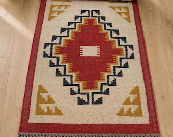Tapis Kilim en laine et jute tissé à la main, tapis bohème, tapis de couloir, tapis de salon, tapis indien chaud d'hiver fait main