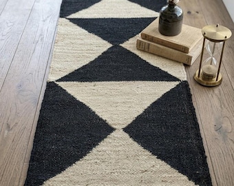 Indian Handloomed Black with Off White Border Jute Hemp Runner Rug Handmade Area Rugs Turkish Hemp Runner Large Area Hemp Runner