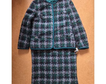 Conjunto vintage de saia e blazer xadrez verde em lã, estilo anos 70, fabricado na França.