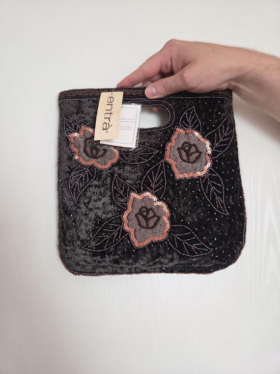 Vintage Entra Hand Beaded Sequin Handbag Clutch Flapper Style Sac à Main Black Velvet