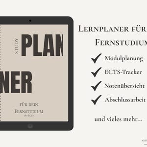 May include: A digital tablet displaying a study planner with a spiral-bound design. The screen shows the text STUDY PLANNER FÜR DEIN FERNSTUDIUM 180 ECTS. Next to it, a list includes Modulplanung, ECTS-Tracker, Notenübersicht, and Abschlussarbeit.