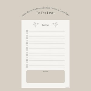 Könnte beinhalten: Eine weiße To-Do-Liste auf beigem Hintergrund mit dem Text TO DO LISTE, minimalistisches Design, sofort Download, druckbar, To Do und Notizen. Die Seite enthält eine Spalte mit Kästchen, horizontale Linien und florale Strichzeichnungen.