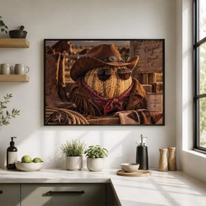 Könnte beinhalten: Ein gerahmter Kunstdruck mit einem Kürbis, der einen braunen Cowboyhut, eine Fliegerbrille und eine Fransenjacke mit rotem Bandana trägt. Daneben stehen braune Lederstiefel, ein aufgerolltes Seil und ein Schild mit der Aufschrift Cowgirl at Heart.