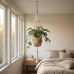 May include: A cream-coloured macrame plant hanger featuring knotted cord patterns and wooden beads, suspending a ceramic pot containing a green Monstera adansonii plant. The hanger is attached to a gold-toned ceiling hook with a long tassel.