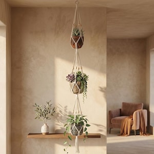 May include: Three hanging macrame plant holders with potted succulents and greenery. The top pot is brown, the middle pot is stone-coloured, and the bottom pot is black with a white geometric design. The macrame is off-white with wooden beads.
