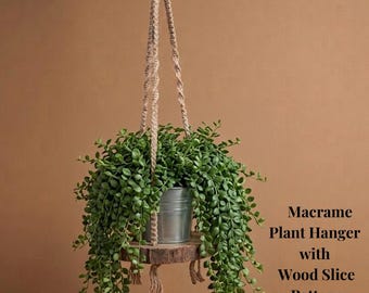 Macramé plantenhanger, houten schijf, pdf, patroon, digitale producten, Made By Me-patronen, tuindecoraties, Noordse knopen, katoen, plantenliefhebber