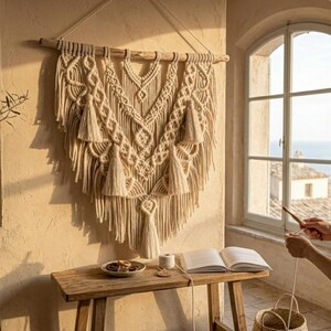 K&ouml;nnte beinhalten: Ein gro&szlig;er, beigefarbener Makramee-Wandbehang mit aufwendigen Knoten und Quasten. Das Textilkunstwerk ist an einem nat&uuml;rlichen Holzstab aufgeh&auml;ngt und schafft eine Boho-&Auml;sthetik. Die Wanddekoration ist ein Blickfang.