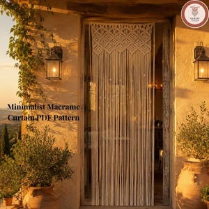 May include: An off-white macrame curtain featuring a woven diamond pattern at the top and long, vertical hanging cords. The text "Minimalist Macrame Curtain PDF Pattern" is visible on the left side of the image, with a circular logo in the corner.