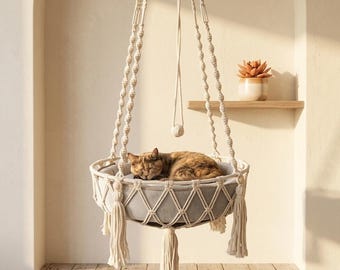 Hamaca de macramé para gatos, hamacas para mascotas, gatos, decoración de animales de granja, estantes bohemios, decoración bohemia, arte colgante de algodón, regalos para veterinarios, regalo para un nuevo hogar
