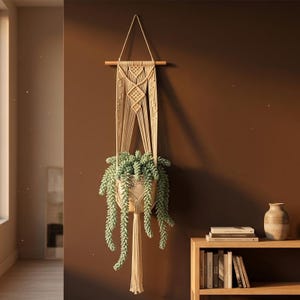 Può includere: Un portapiante in macramè color crema con complessi motivi a nodi, sospeso a un bastone di legno orizzontale. Il supporto sostiene un vaso in ceramica rotondo contenente una pianta succulenta con lunghe foglie carnose verde chiaro.